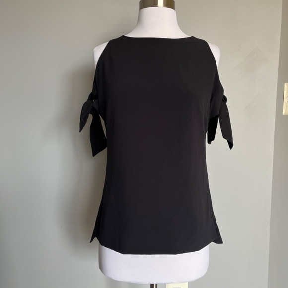 Ted Baker Yaele Black Cold-Shoulder Blouse Short Tie Sleeves Cocktail Top Tee - Picture 3 of 13